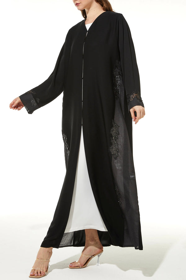 Black Classic Nada Custom Abaya with Side Floral Lace and Shiny Beadwork