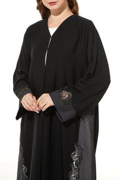 Black Classic Nada Custom Abaya with Side Floral Lace and Shiny Beadwork