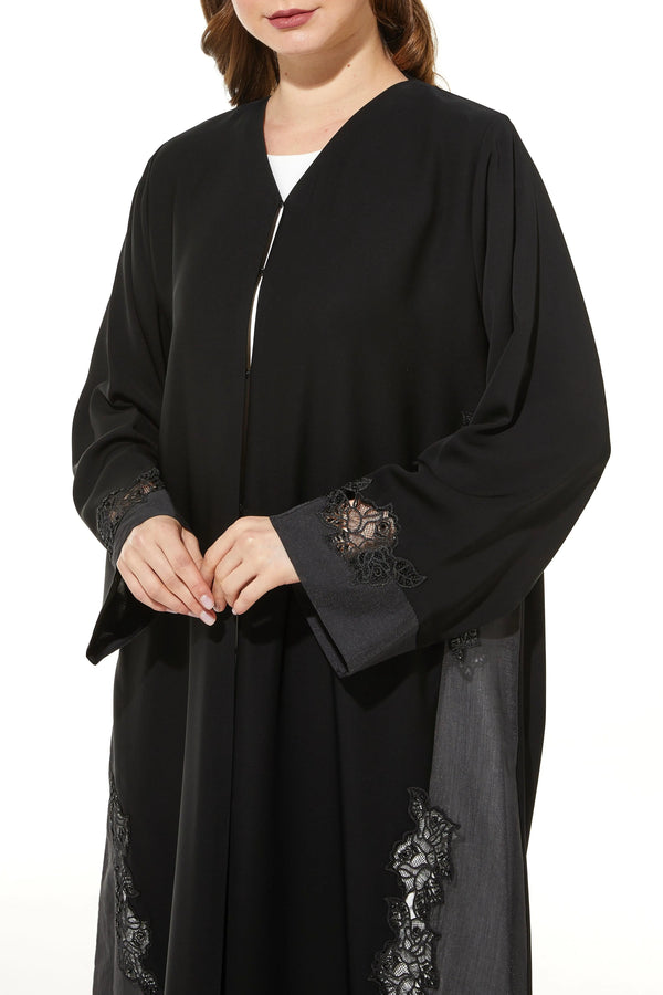 Black Classic Nada Custom Abaya with Side Floral Lace and Shiny Beadwork