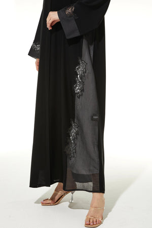 Black Classic Nada Custom Abaya with Side Floral Lace and Shiny Beadwork