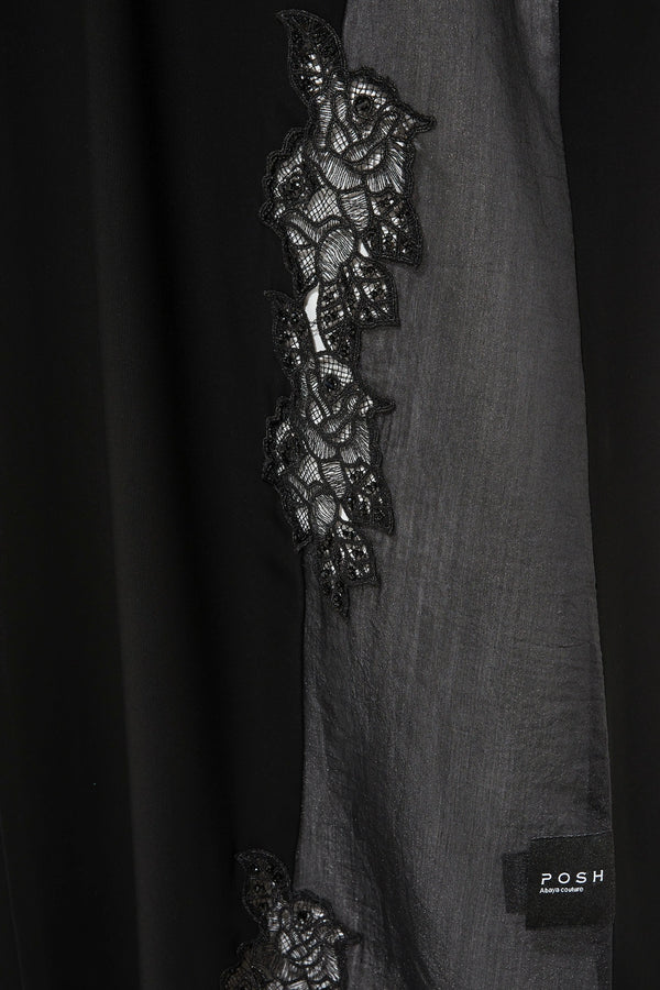 Black Classic Nada Custom Abaya with Side Floral Lace and Shiny Beadwork