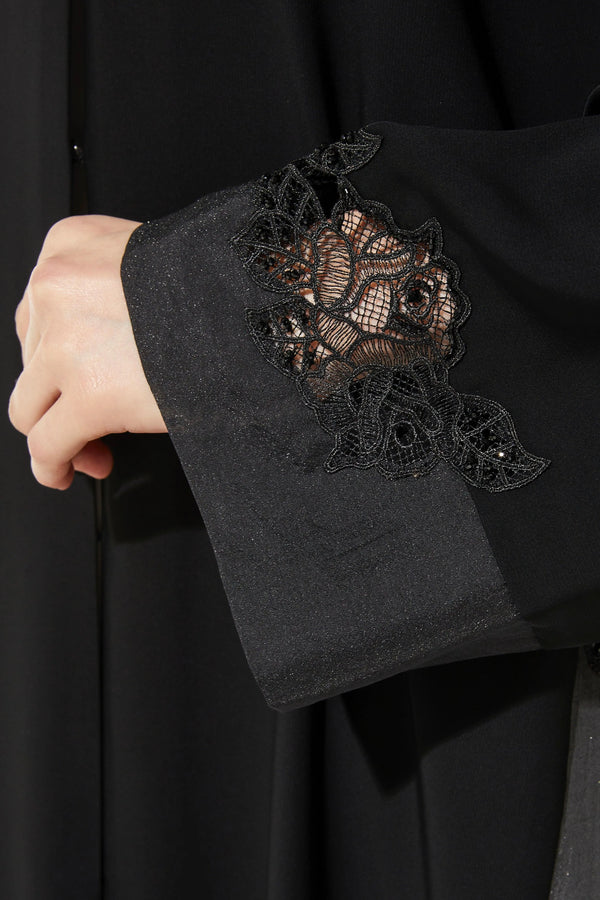 Black Classic Nada Custom Abaya with Side Floral Lace and Shiny Beadwork