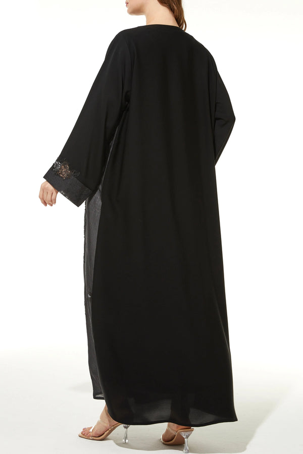 Black Classic Nada Custom Abaya with Side Floral Lace and Shiny Beadwork