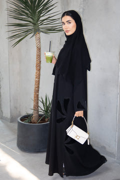 Black Farasha Crepe Abaya with Embroidered Petal Insert Detail