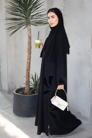 Black Farasha Crepe Abaya with Embroidered Petal Insert Detail