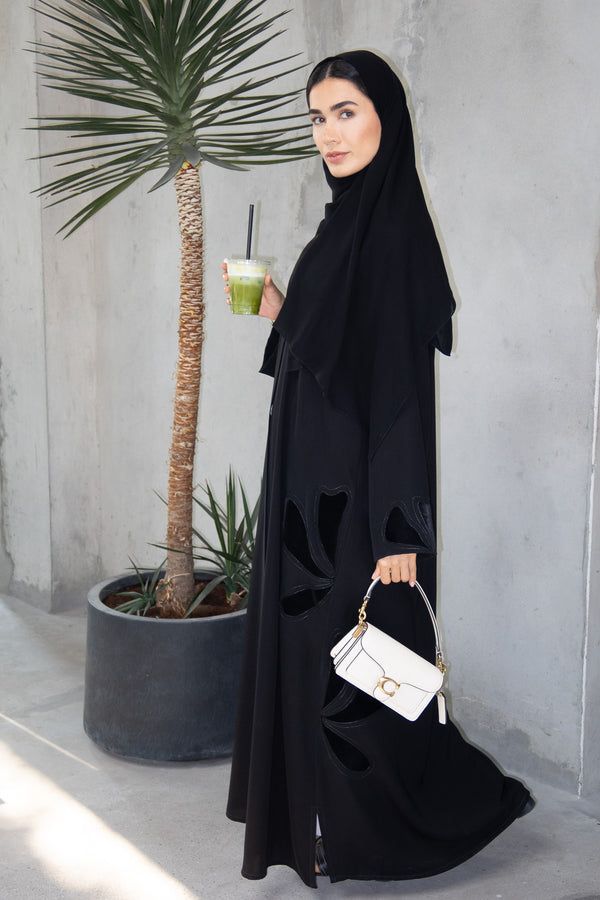 Black Farasha Crepe Abaya with Embroidered Petal Insert Detail