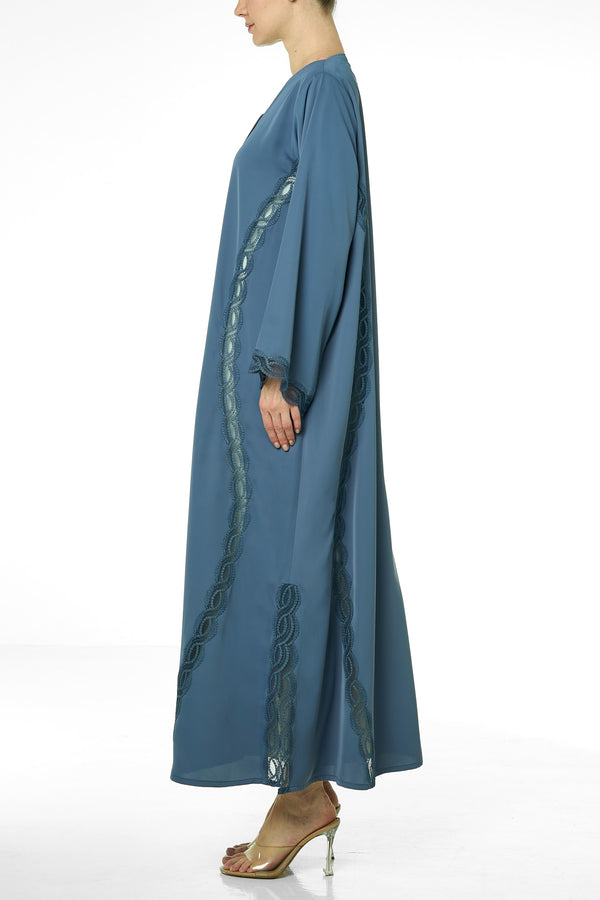 Blue Cool Crepe Abaya, Lace Detail