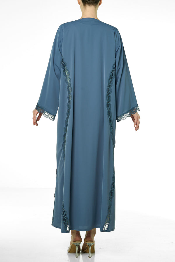 Blue Cool Crepe Abaya, Lace Detail