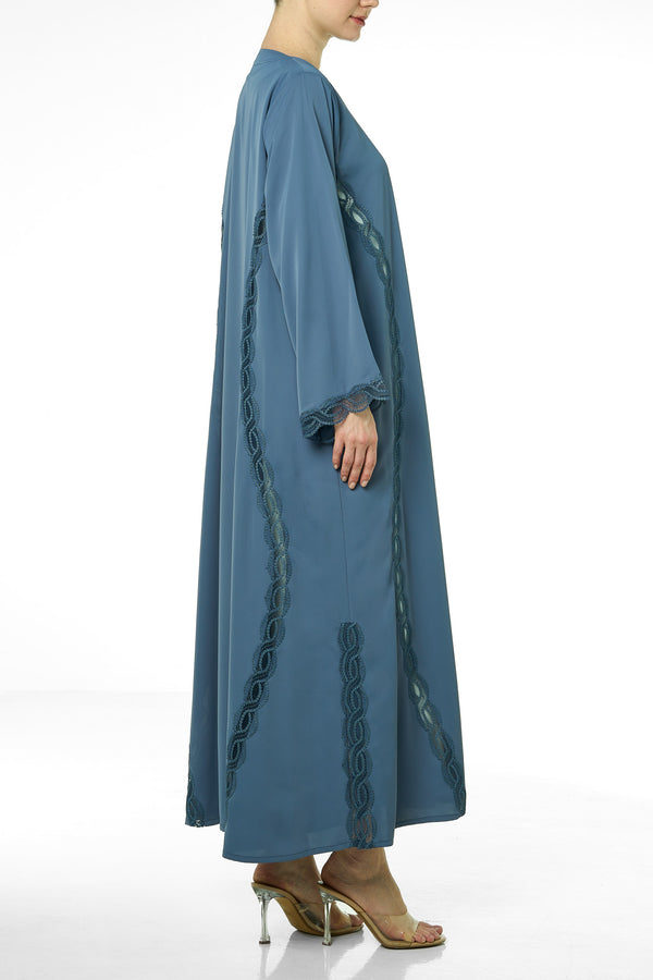 Blue Cool Crepe Abaya, Lace Detail