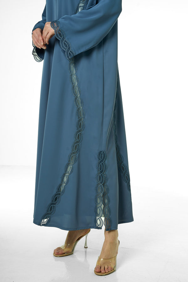 Blue Cool Crepe Abaya, Lace Detail