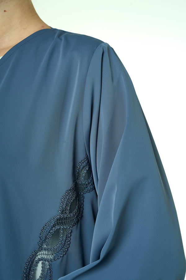Blue Cool Crepe Abaya, Lace Detail