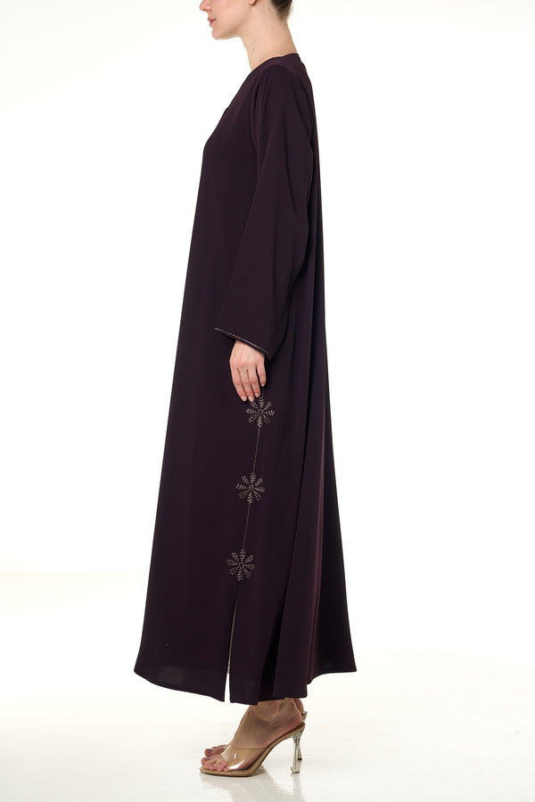 Purple Atlas Crepe Abaya, Threadwork Details