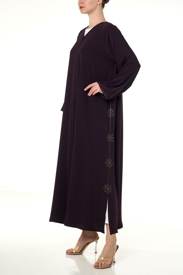 Purple Atlas Crepe Abaya, Threadwork Details