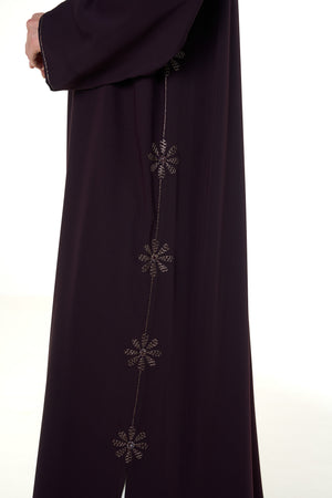 Purple Atlas Crepe Abaya, Threadwork Details