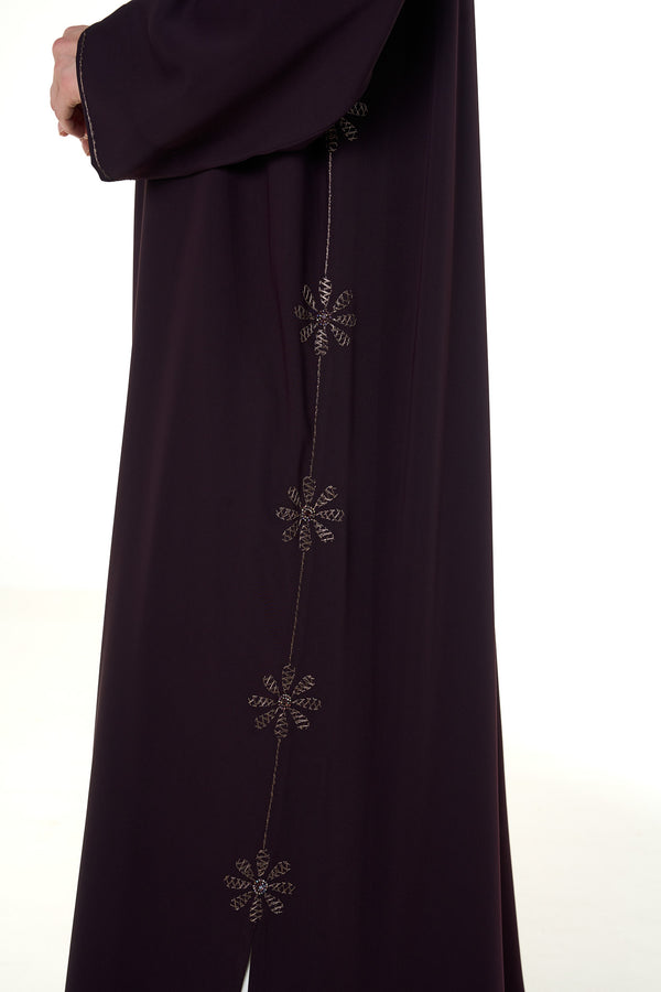 Purple Atlas Crepe Abaya, Threadwork Details