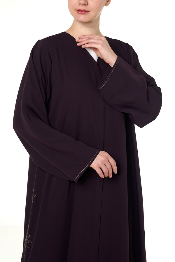 Purple Atlas Crepe Abaya, Threadwork Details