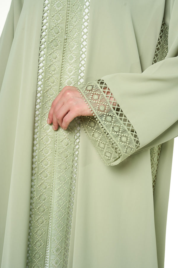 Green Rose Crepe Abaya, Lace Detail