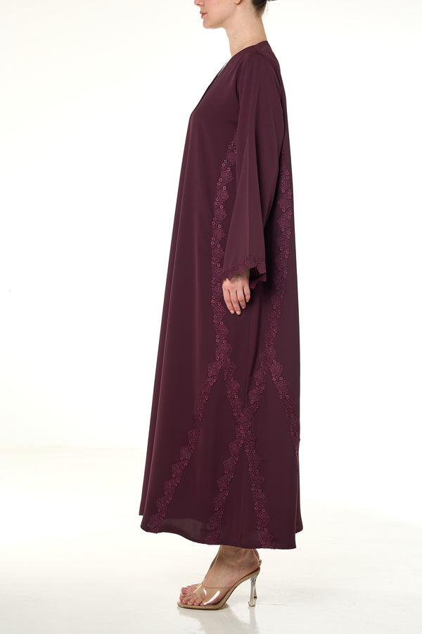 Maroon Jouri Nada Abaya, Lace Detail