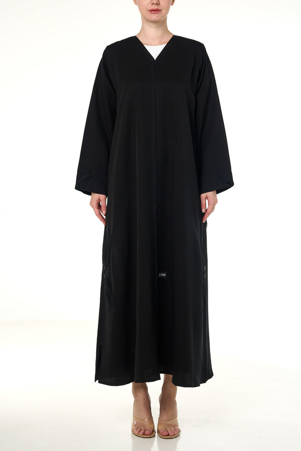 Black Emarati Crepe Custom Abaya, Front Beadwork