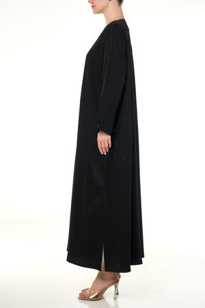Black Emarati Crepe Custom Abaya, Front Beadwork