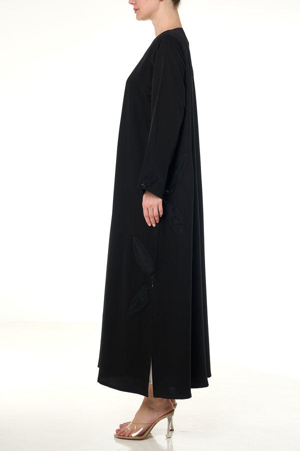 Black Emarati Crepe Custom Abaya, Front Beadwork