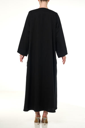 Black Emarati Crepe Custom Abaya, Front Beadwork