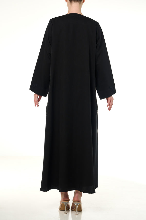 Black Emarati Crepe Custom Abaya, Front Beadwork