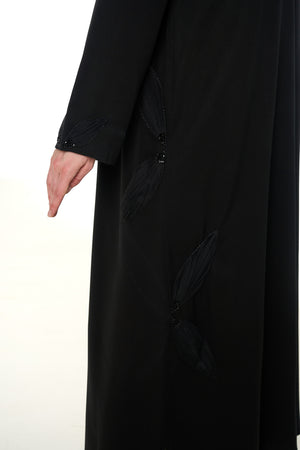 Black Emarati Crepe Custom Abaya, Front Beadwork
