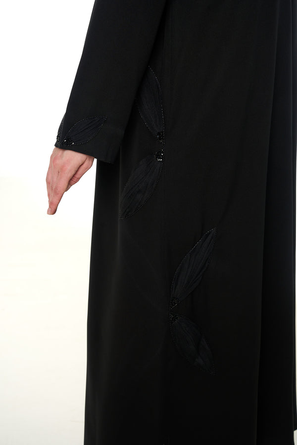 Black Emarati Crepe Custom Abaya, Front Beadwork