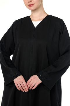 Black Emarati Crepe Custom Abaya, Front Beadwork