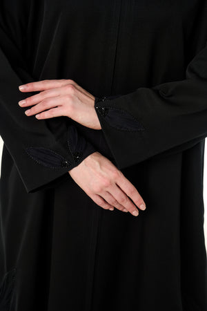 Black Emarati Crepe Custom Abaya, Front Beadwork