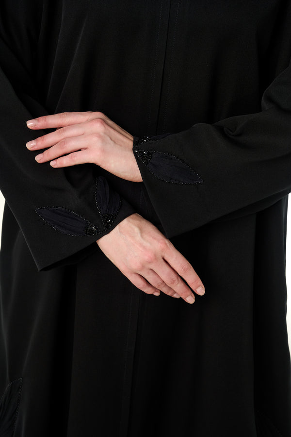 Black Emarati Crepe Custom Abaya, Front Beadwork