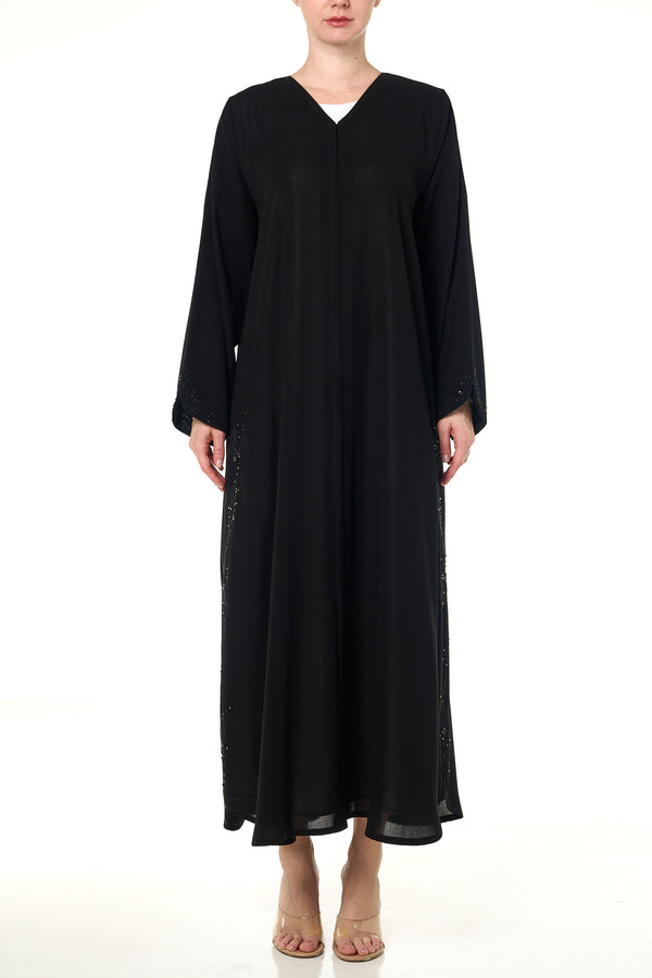Black Shafa Crepe Custom Abaya, Front Beadwork