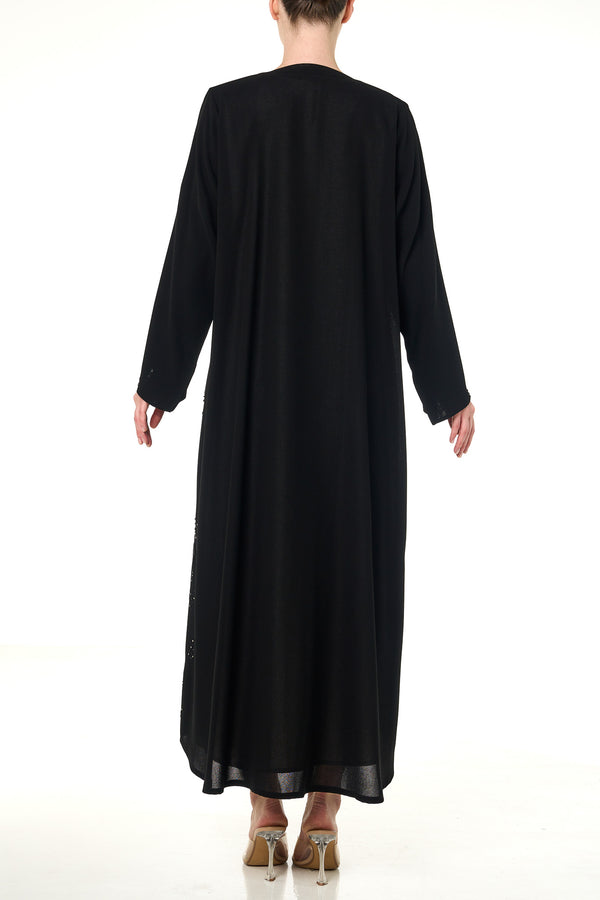 Black Shafa Crepe Custom Abaya, Front Beadwork