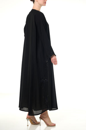 Black Shafa Crepe Custom Abaya, Front Beadwork