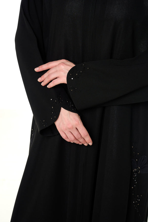 Black Shafa Crepe Custom Abaya, Front Beadwork