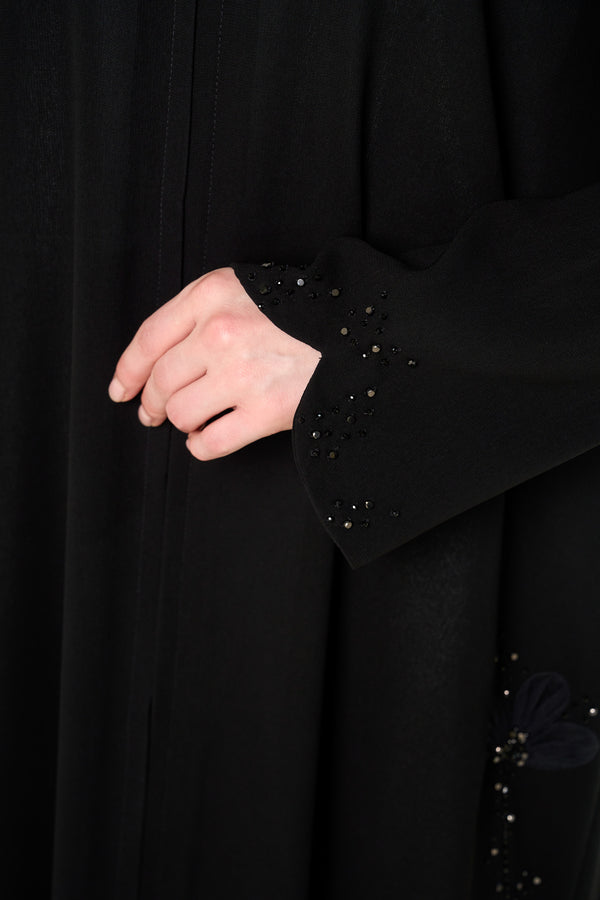 Black Shafa Crepe Abaya, Front Beadwork