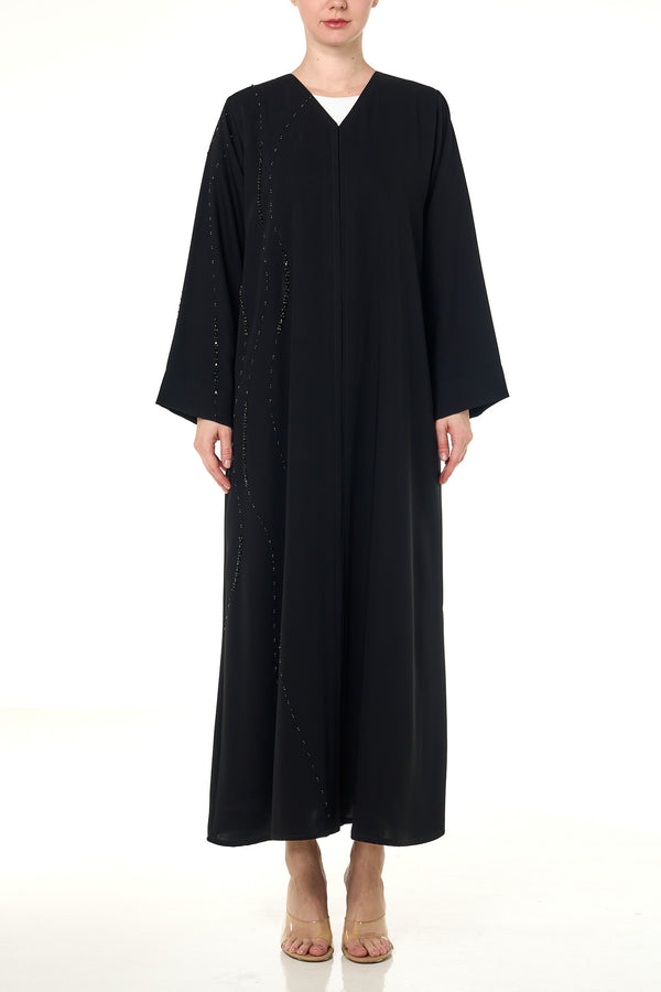 Black Aria Crepe Custom Abaya, Front Beadwork