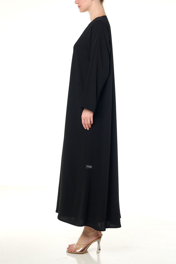 Black Aria Crepe Abaya, Front Beadwork