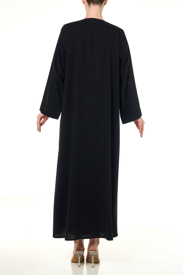 Black Aria Crepe Abaya, Front Beadwork