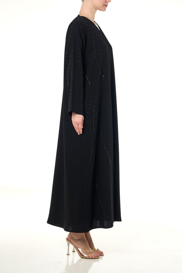 Black Aria Crepe Abaya, Front Beadwork