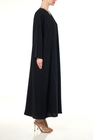 Black Aria Crepe Custom Abaya, Front Beadwork