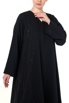 Black Aria Crepe Custom Abaya, Front Beadwork