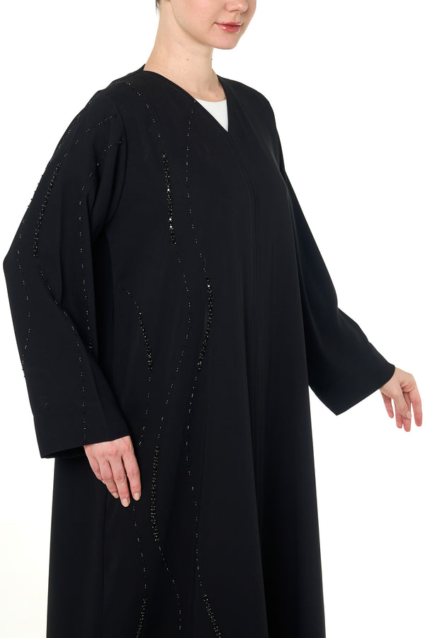 Black Aria Crepe Abaya, Front Beadwork