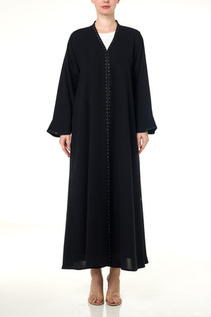 Black Wave Crepe Custom Abaya, Front Beadwork