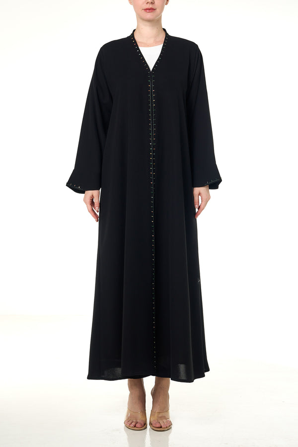 Black Wave Crepe Custom Abaya, Front Beadwork