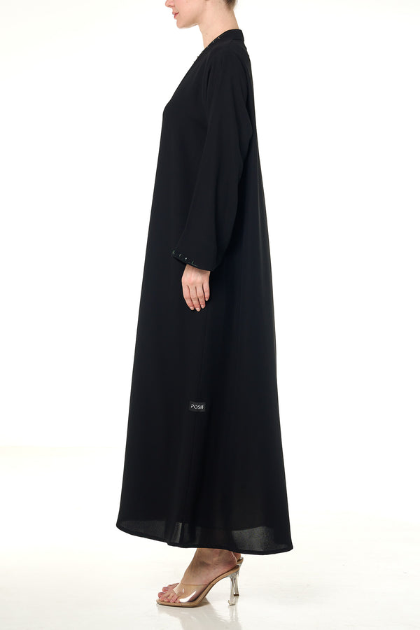 Black Wave Crepe Custom Abaya, Front Beadwork