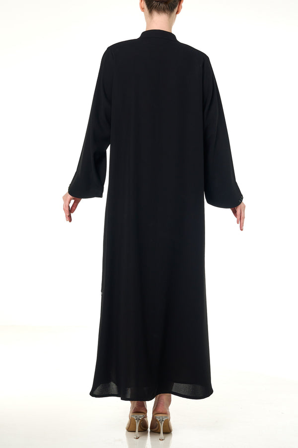 Black Wave Crepe Custom Abaya, Front Beadwork