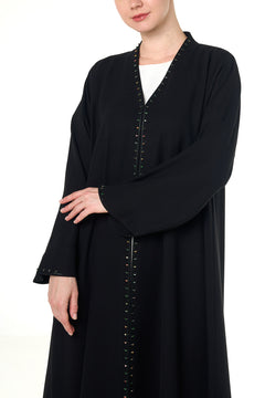 Black Wave Crepe Abaya, Front Beadwork