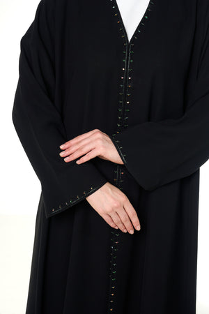 Black Wave Crepe Custom Abaya, Front Beadwork